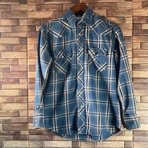 Men's Vintage Wrangler Ranch Wear Medium Blue Plaid Flannel Shirt